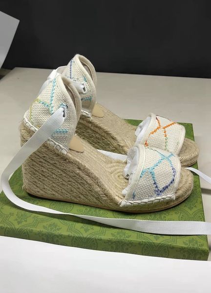 2022 femmes toile sandales à talons pantoufles mode plate-forme espadrilles avec boîte et sacs à poussière taille euro 35-42