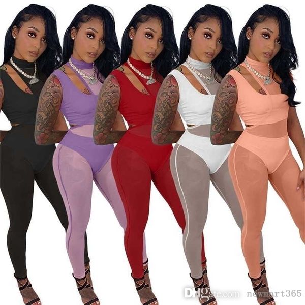 2022 Conjunto de pantalones de yoga transparentes para mujer Monos de diseñador Ropa de malla sexy Pit Bar Crop Top Leggings Traje deportivo de 3 piezas