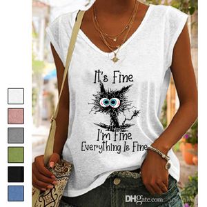 2022 dames mouwloze t-shirts zwarte kattenprint vest v-neck cap mouw tanktops ontwerper camis