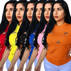 2022 Womens Zomer Tshirts Designer Per T-shirts O Hals Tees Dieren Applique Parels Tops Korte Mouwen Solide Slanke Fit Vrouwelijke Manierkleren