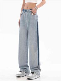 2022 Y2k style coréen côté rayure bleu clair Jeans rétro élastique taille haute Baggy pantalons de survêtement fendu froncé Joggers femmes Fashio T220728