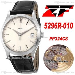 2022 ZF Calatrava 5296G-001 A324 Montre automatique pour homme Boîtier en acier de 38 mm Cadran ivoire Marqueurs de bâton Bracelet en cuir marron Super Edition Puretime 324CS PP324SC Montres PTPP