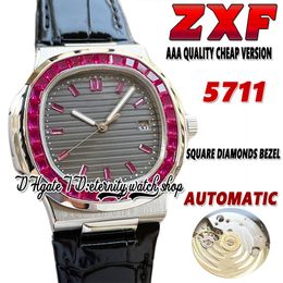 2022 ZXF 5711 Reloj mecánico automático para hombre Ruby Iced Out T Diamond inlay Bisel Gray Texture Dial Caja de acero inoxidable 316L Correa de cuero negro AAA Relojes Eternity