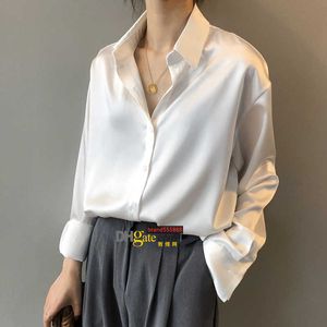Mode knop Satijn Silk Blouse Shirt Women Vintage White Long Sleeve Shirts Tops Ladies Elegant Koreaans kantoorshirt