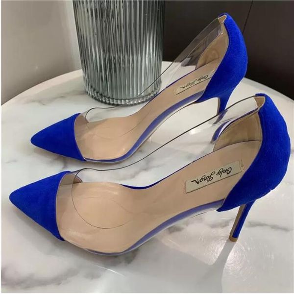 2022Sexy Lady Fashion Femmes Chaussures Bleu Daim Cuir Pointu Toe Stiletto Stripper Talons Hauts Pompes Designer Transparent PVC Sandales 12cm grande taille 34 42