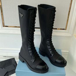 Designer nylon dameslaarzen zwart over de knie leren hoge hakken schoen Combat witte cowboy Chelsea laars maat 35-40