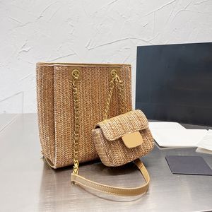 Luxe designer dames raffia strand boodschappentassen met klassieke mini flap munt portemonnee valentijn ketting gold metaal hardware schoudergreep bakken 20x23c