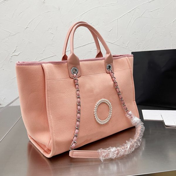 2022SS Summer Party Party Shopping Canvas Sacs Top Handle Tapes Silver Chain Le cuir en cuir Crossbody Bodage Hands Sacs Wither Pearls Perles de grande capacité