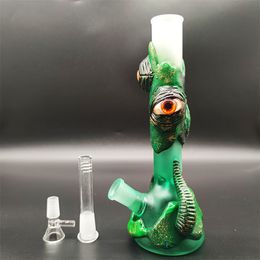 2023 10 pulgadas Bong de vidrio Heady Bong Tubería de agua 3D Resplandor verde en los globos oculares del monstruo oscuro Dab Rig Hookah Fumar Bubbler 14 mm BowlStem