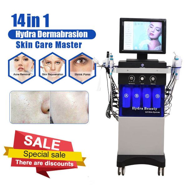 2023 14 en 1 Hydro Microdermoabrasion Skin Lifting Device Multifunción de alta frecuencia Facial Spa Ultrasonido BIO Water Dermabrasion Moisturizer Machine