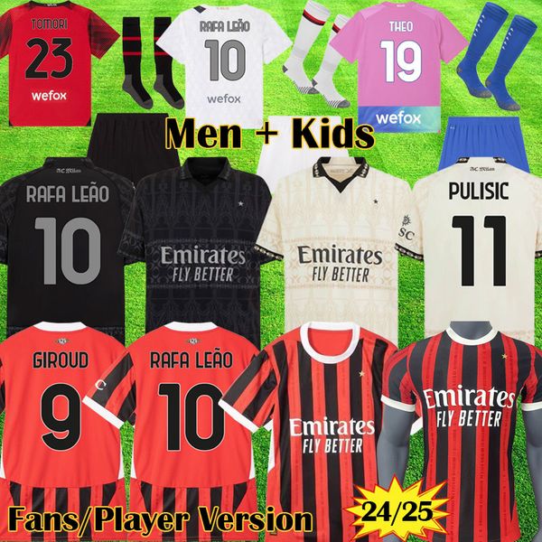 2023 2024 2025 Rafa Lea Pulisic AC Soccer Jerseys Musah Football Shirt Tomori Giroud Rebic Tomori Bennacer Men Kits Milans Fans Joue Jovic Women Kids Equipment 999