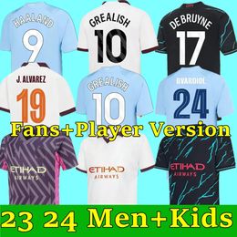 2023 2024 Haaland Soccer Jersey De Bruyne Mans Villes Grealish Mahrez Foden Chemise de football Uniformes Hommes Enfants Kit Ensembles Alvarez Fans22 23 24