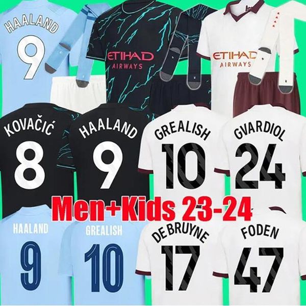 2023 2024 NOUVEAU MANCHESTERS Soccer Jersey DE BRUYNE MANS CITIES MAHREZ 22/23/24 Chemise de football Uniformes Hommes Enfants Kit Ensembles Alvarez Fans Joueur Spécial Haaland Grealish