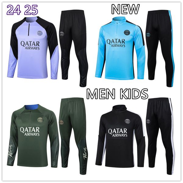 24 25 NOUVEAU style PSGEs hommes et enfants Survêtement à moitié pull 24 25 PARIS Football Sportswear Entraînement à manches longues Costume de football Jersey Uniforme Ensembles de survêtement pour adultes