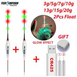 2023 2 pezzi galleggiante da pesca set 3g5g7g10g13g15g20g led luminoso floatCR425 caricabatterie batteria di notte carpa estate 240108