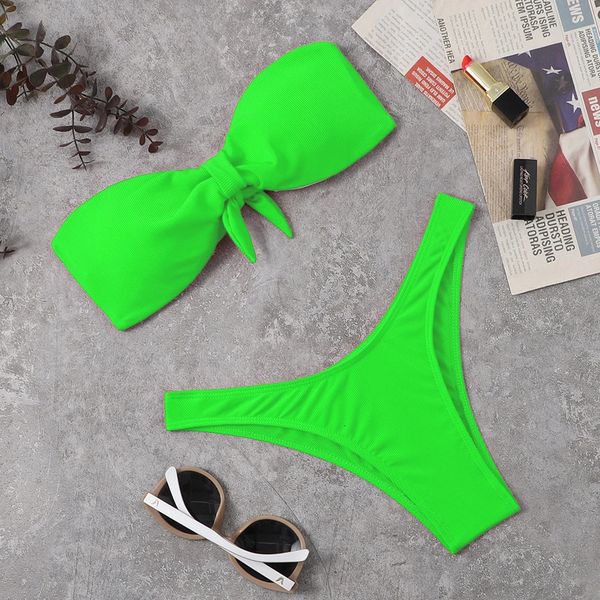 2023 2 pièces ensemble sexy bikini maillot de bain femmes maillot de plage string maillot de bain solide micro bretelles push up taille basse vert 240301