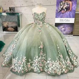 2023 3D Floral Quinceanera Robes Applique Décolleté En Coeur Balayage Train Corset Dos Doux 16 Fête D'anniversaire Bal Bal Soirée Robes