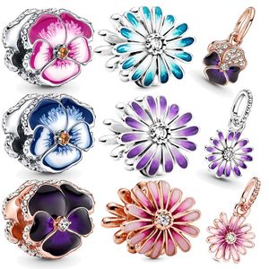 Cuentas de trébol de plata de ley 2023 925, colección de Clip púrpura de Margarita, abalorio compatible con pulsera Pandora Original, regalo de joyería para mujer DIY