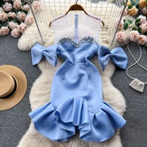 2023 A Line Sex jurk dames Blauw hoge kwaliteit doorzichtige vloer lengte lange maxi party korte mouwen kanten cake zelfportret jurken