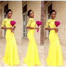 2023 África Vestidos de dama de honor amarillos Moda elegante Medias mangas Joya Cuello Sirena Vestidos de fiesta de boda Apliques Vestidos largos de fiesta