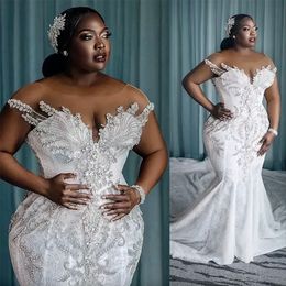 2023 Africain Arabe Charmante Sirène Robes De Mariée Illusion Pleine Dentelle Appliques Cristal Perles Cap Manches Chapelle Train Formelle Robes De Mariée Plus La Taille