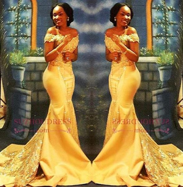 2023 Vestidos de fiesta de Mermaid amarillo nigeriano africano de los hombros de encaje con lentejuelas vesperas nocturnas BA8405 GB1109S8620678