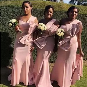 2023 Afrikaanse een schouder Bruidsmeisjekleding Blush roze feestjurken met grote boog rits terug op maat gemaakte prom jurken bruiloft gastenfeestjurk