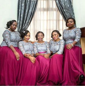 2023 Afrikaanse plus -size bruidsmeisje jurken Lace Applique vloer lengte schep nek halve mouwen strand bruiloft gasten jurken op maat gemaakt