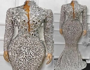 2023 Paillettes africaines robes de soirée manches longues sirène femmes robe de soirée formelle brillant perlé col haut robes de bal GB12052326086