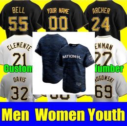 2023 All-Star City Homens Mulheres Juventude 21 Roberto Clemente 10 Bryan Reynolds 8 Willie Stargell 13 KeBryan Hayes Camisa de beisebol