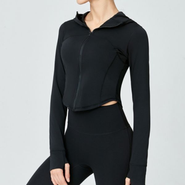 2023 Als Yoga Costume À Manches Longues Femmes Crossover Double Couche Respirant À Capuche À Fermeture Éclair Cardigan Irrégulier Top En Plein Air Courir Manteau De Sport Pour Dame