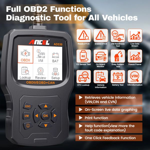 2023 Ancel AD530 Automotriz OBD2 Escáner Profesional Código Lector Probador de baterías Verifique la herramienta de escaneo de diagnóstico de 2 automóviles OBD 2