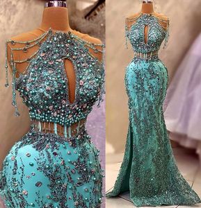 2023 Avril Aso Ebi Cristaux Perlés Robe De Bal Paillettes Dentelle Sirène Soirée Formelle Partie Deuxième Réception Anniversaire Robes De Fiançailles Robes Robe De Soirée ZJ511