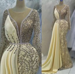 2023 April Aso Ebi Gold Mermaid Prom Dress Crystals Lound Lace Evening Formeel feest tweede receptie verjaardag verlovingsjurken jurken jurken robe de soiree zj5246