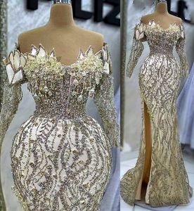 2023 avril Aso Ebi Gold Mermaid Robe Prom Crystals Crystals Perge en dentelle Fête formelle Deuxième réception Robes de fiançailles d'anniversaire Robe de Soiree ZJ508