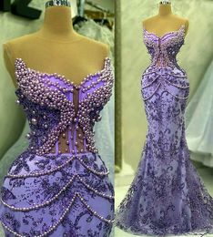 2023 Aso Ebi Lavender Mermaid Prom jurk Parels lovertjes Lace Evening Formele feest tweede receptie verjaardag verlovingsjurken jurken jurken gewaad de soiree ZJ5155