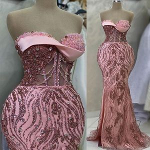 2023 April Aso Ebi Mermaid Pink Prom Dress Crystals kralen Lace Evening Formele feest tweede receptie Verjaardag verlovingsjurken Jurken Robe de Soiree ZJ500