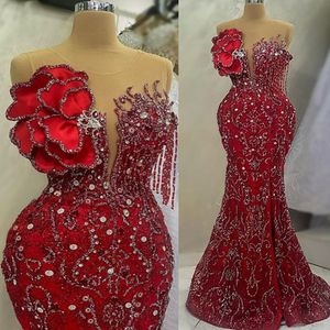 2023 avril Aso Ebi Sirène rouge Prom Dress Crystals Crystals Sexy Soirée Fête formelle Deuxième réception Robes de fiançailles d'anniversaire Robe de Soire ZJ5816