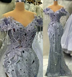 2023 April Aso Ebi Mermaid Silver Prom Dress kristallen avond Formele feest tweede receptie Verjaardag verlovingsjurken Jurken Robe de Soiree ZJ520