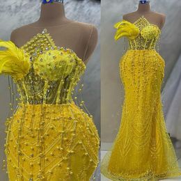 2023 April Aso Ebi Mermaid Yellow Prom Dress Parls kralen zeemeermin avond formeel feest tweede receptie verjaardag verloving jurken jurken jurken robe de soiree zj5888