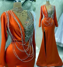 2023 April Aso Ebi Orange Meerjungfrau Abendkleid Perlenkristalle Abend formelle Party Zweiter Empfang Geburtstag Verlobungskleider Kleider Robe De Soiree ZJ516