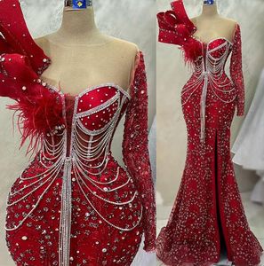 2023 April Aso Ebi Red Mermaid Prom jurk kristallen sexy avond formeel feest tweede receptie verjaardag verlovingsjurken jurken jurken robe de soiree zj521