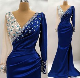 2023 April Aso Ebi Royal Blue Prom Dress Crystals kralen zeemeermin avond formeel feest tweede receptie verjaardag engagement jurken jurk robe de soiree zj624
