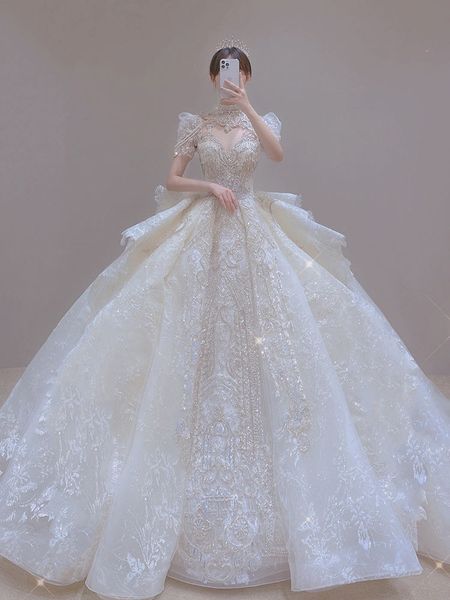 2023 ARABIA LACE A LINE Robes de mariée luxe plus taille illusion Crystal pailled Boue de mariée vintage Vestidos Sexy Vestidos de Novia