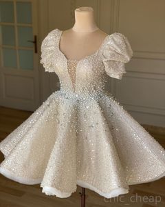 2023 arabe Aso Ebi perles cristaux robe de mariée paillettes dentelle a-ligne courte été plage robes de mariée robes ZJ2022