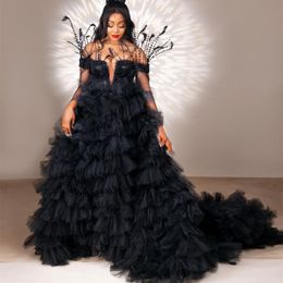 2023 Arabische Aso Ebi Black A-Line Prom Dresses Beed Feather Tiers Evening Formele feest tweede receptie verjaardag verlovingsjurken jurk zj885