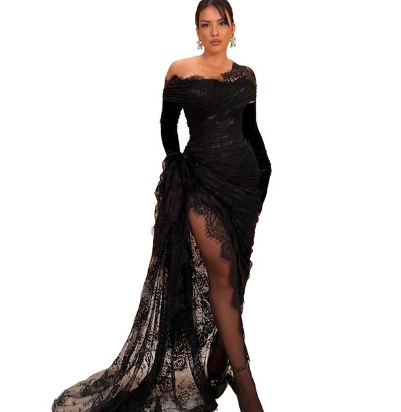 2023 arabe Aso Ebi noir sirène robe de bal dentelle haute fente robes de soirée sexy anniversaire fiançailles deuxième robe robe femmes vêtements de cérémonie WD0450