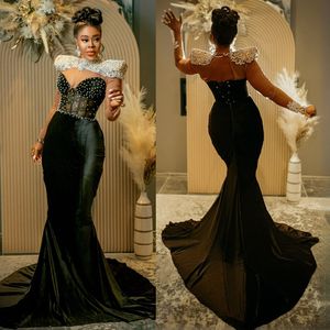 2023 Arabische Aso Ebi Black Mermaid Velvet lovertjes Luxueuze prom -jurken met kralen Rhinestones Jackets Mermaid Evening Formeel feest tweede receptie jurken jurk