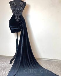 2023 Arabe Aso Ebi Noir Robe De Bal Courte Cristaux Perlés Dentelle Soirée Formelle Deuxième Réception Anniversaire Robes De Fiançailles Robes Robe De Soirée ZJ2486