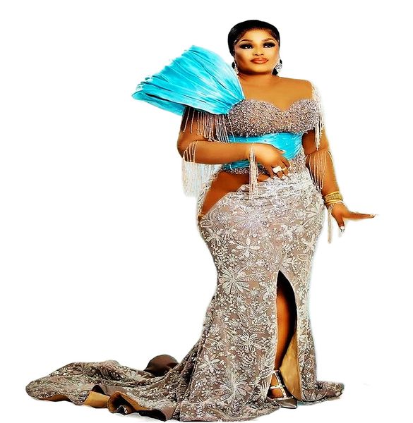 2023 arabe Aso Ebi Brown sirène robe de bal perles robes de soirée paillettes dentelle anniversaire fiançailles deuxième robe robe femmes vêtements de cérémonie WD004